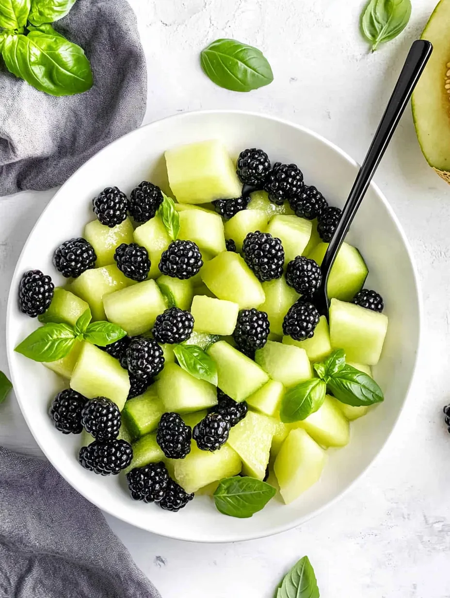 Un bol de ensalada de melón verde con moras y albahaca.