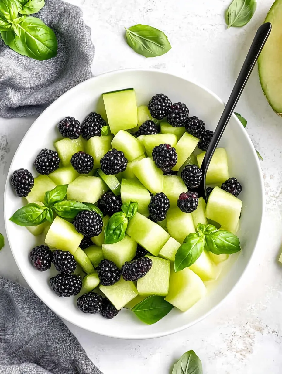 Un bol de ensalada de melón verde con moras y albahaca.