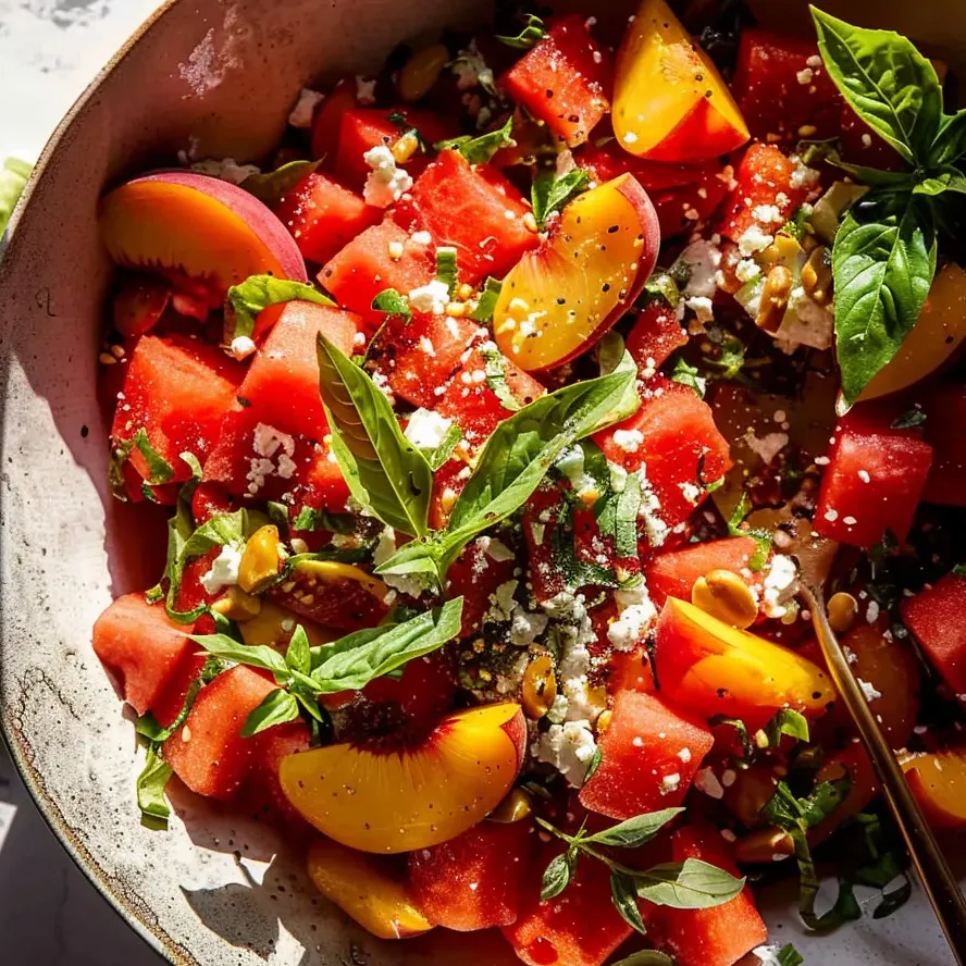 Un bol de ensalada de sandía y melocotón.