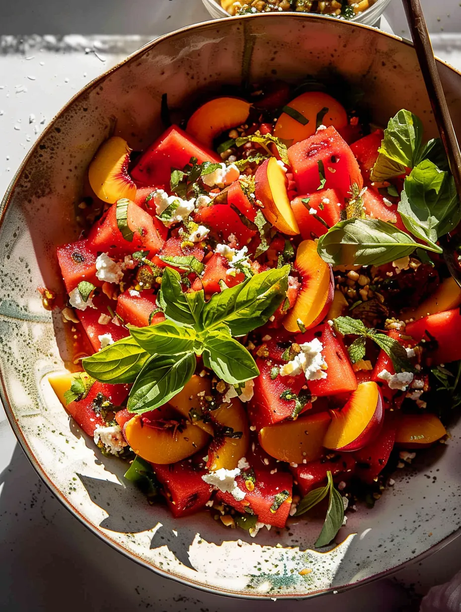 Un bol de ensalada de sandía y melocotón.