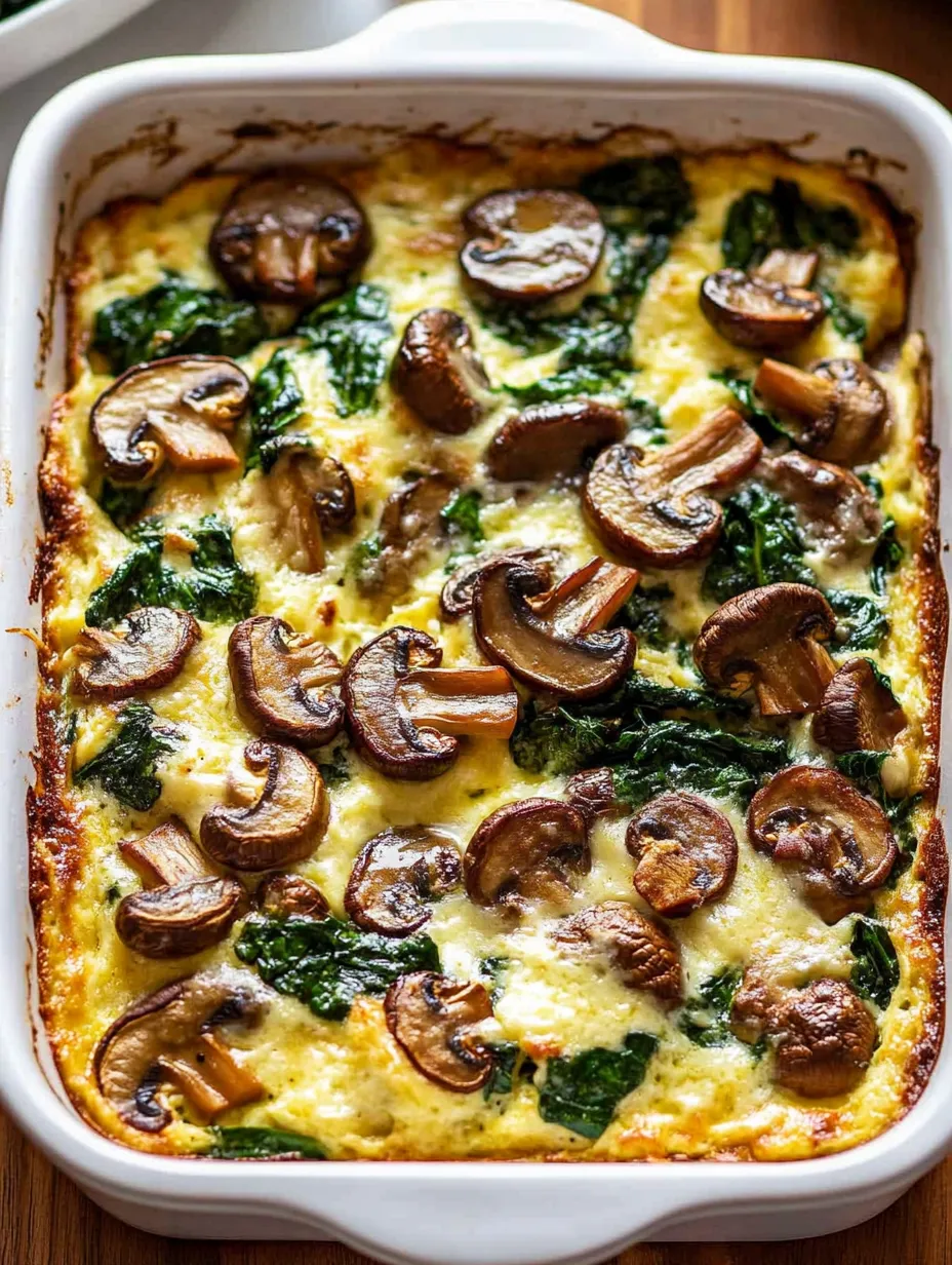 Una receta de cazuela de desayuno con espinacas y champiñones.