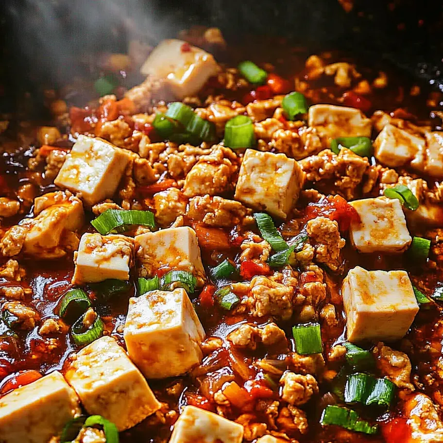 Un plato de Mapo Tofu con cebollino verde.