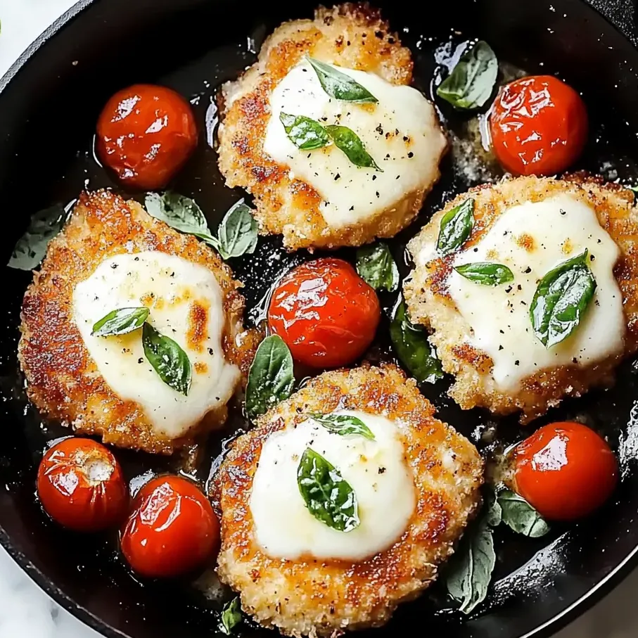 Una sartén con filetes de pollo italiano con albahaca.