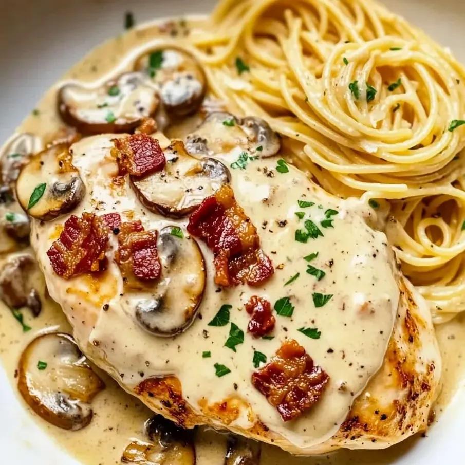 Un plato de pollo con hongos y tocino.