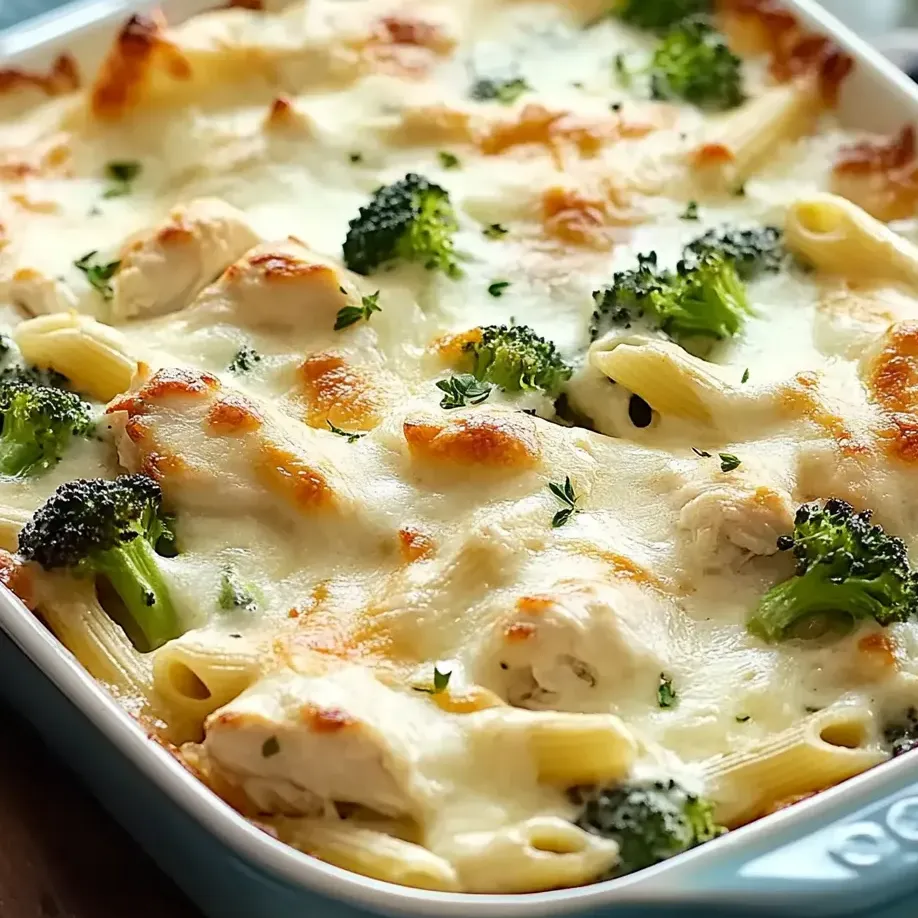 Un plato de pollo y brócoli alfredo horneado.