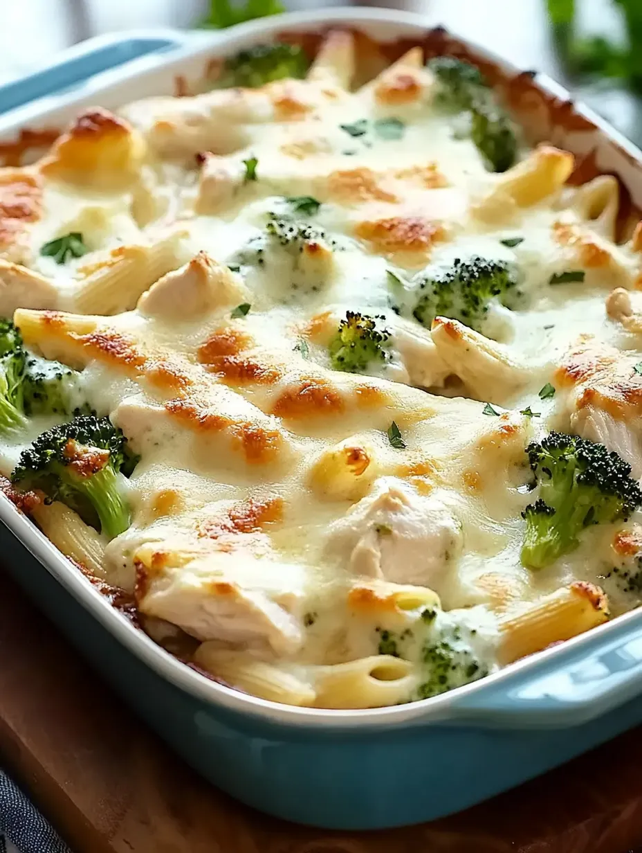Un plato de pollo y brócoli gratinado con salsa alfredo.