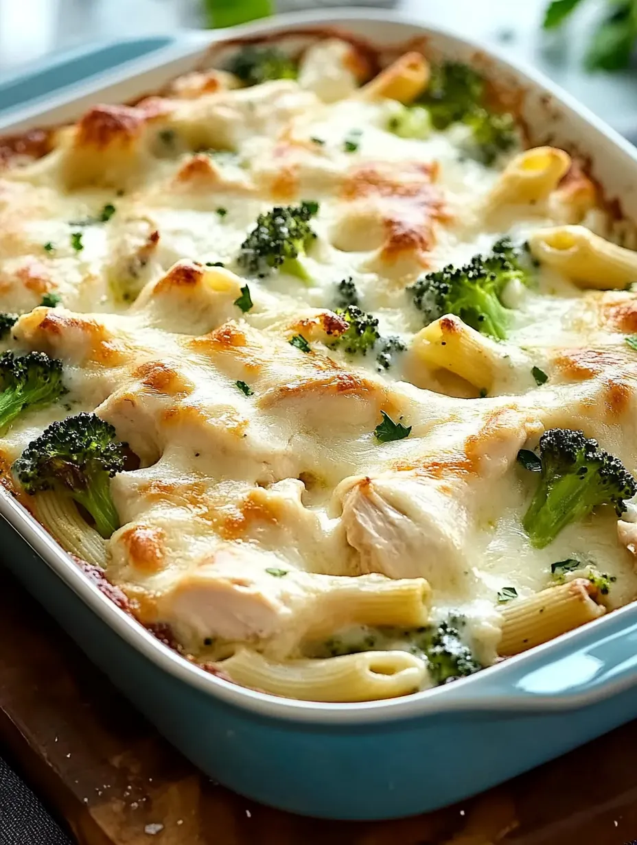 Un plato de pollo y brócoli al horno con salsa alfredo.