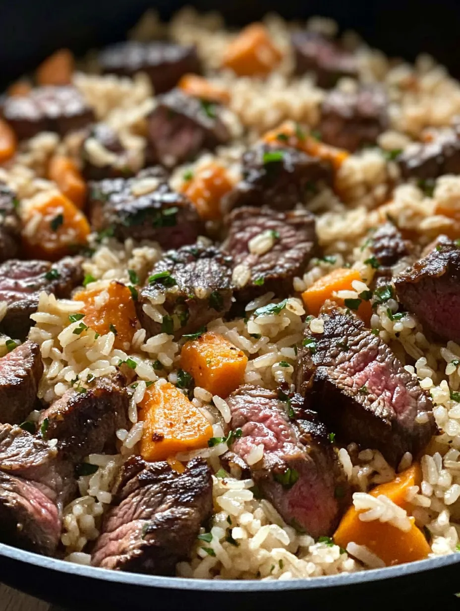 Un sartén con arroz, bistec y queso.
