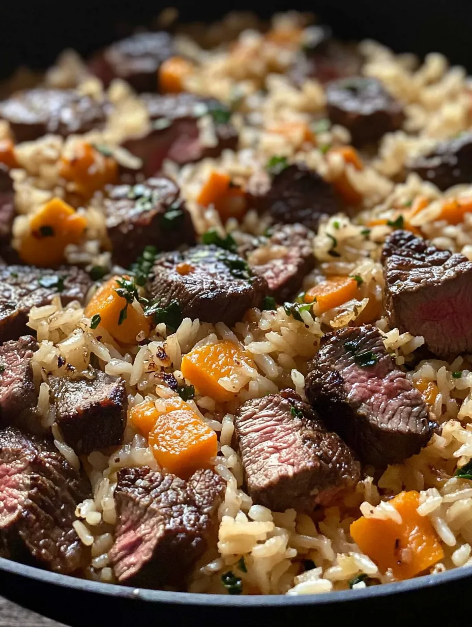 Un primer plano de un sartén con arroz, bistec y queso.
