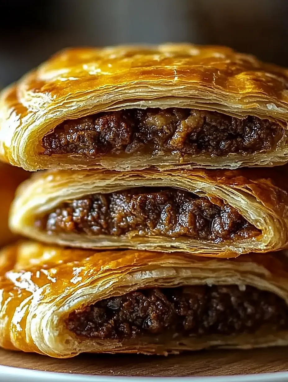 Tres empanadas jamaiquinas de carne apiladas una encima de otra.