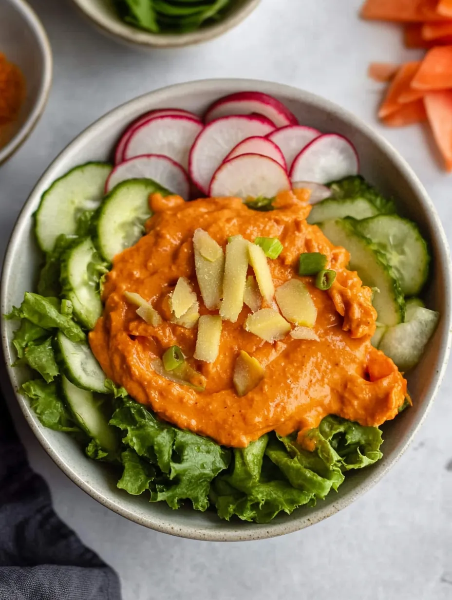 Un tazón de comida con salsa roja y vegetales.