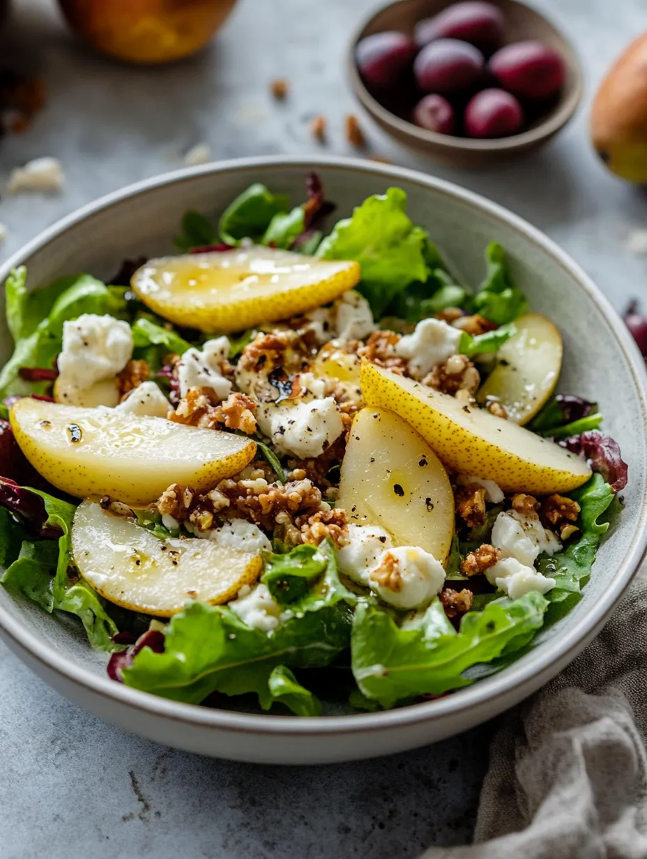 Un bol de ensalada con pera, feta y lechuga.