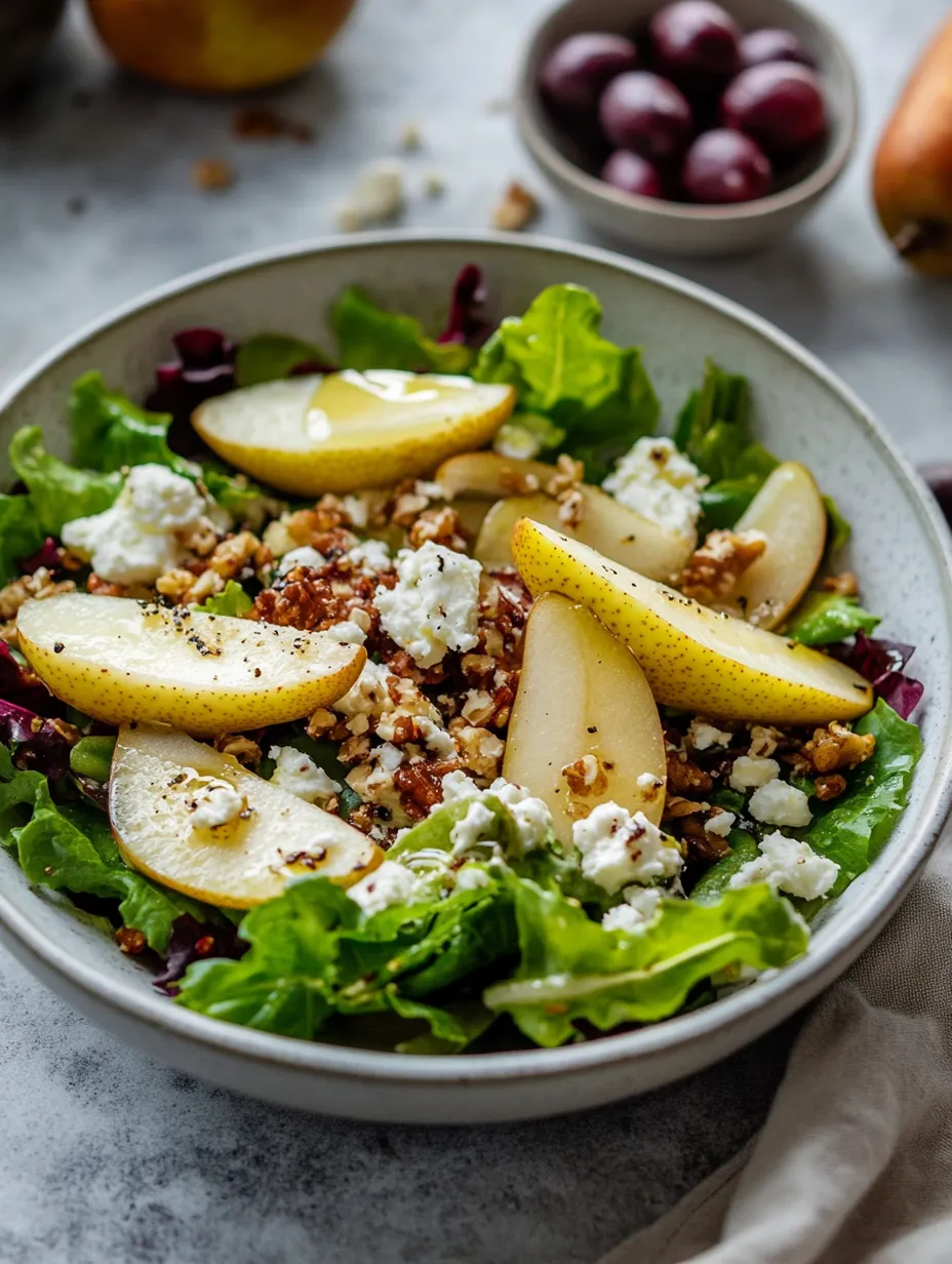 Un bol de ensalada con pera, feta y hojas verdes.