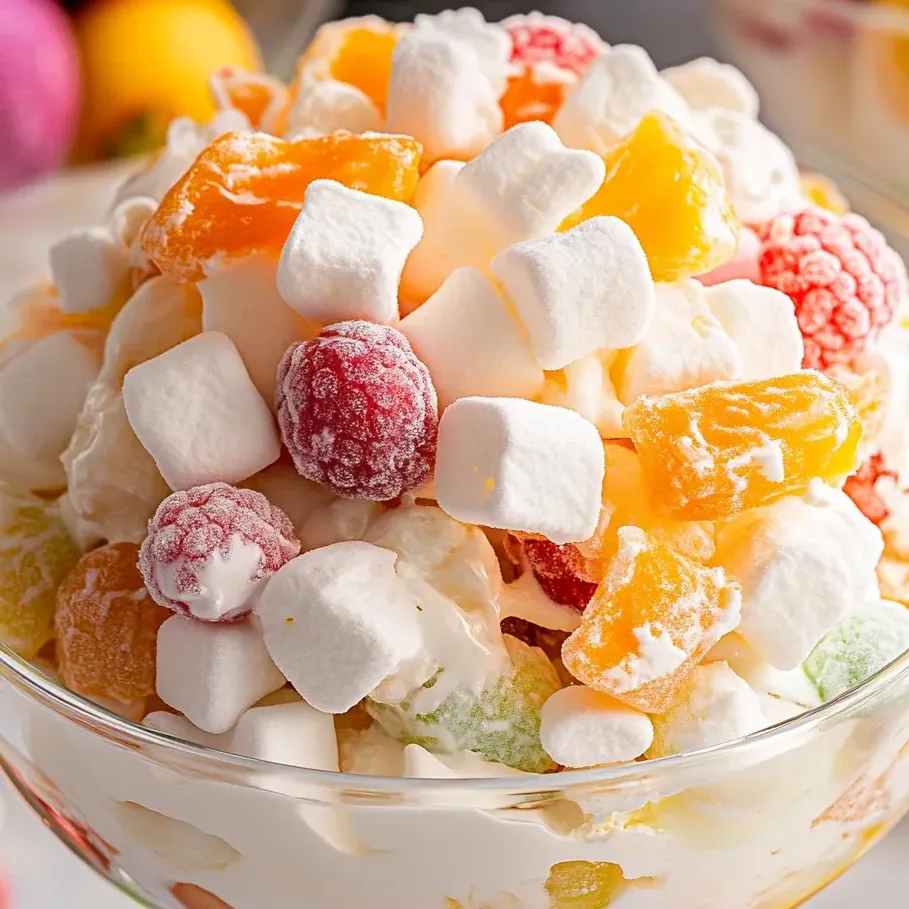 Un tazón de ensalada de frutas con malvaviscos encima.