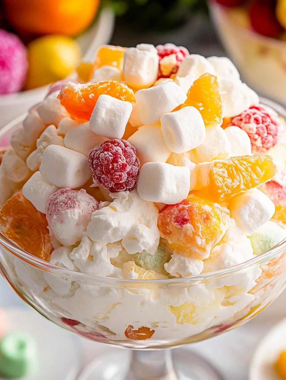 Un recipiente de ensalada de frutas con malvaviscos encima.