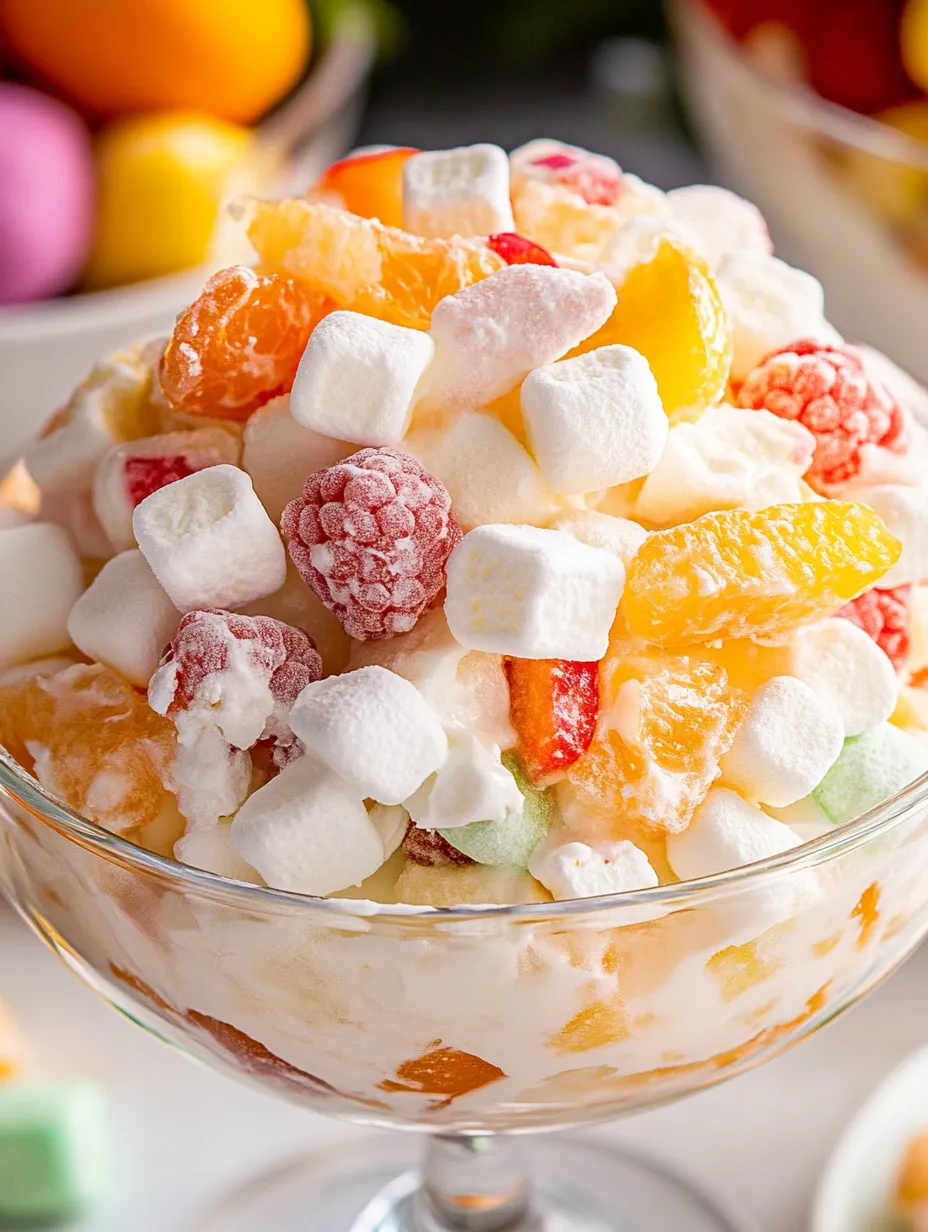 Un recipiente de ensalada de frutas con malvaviscos encima.