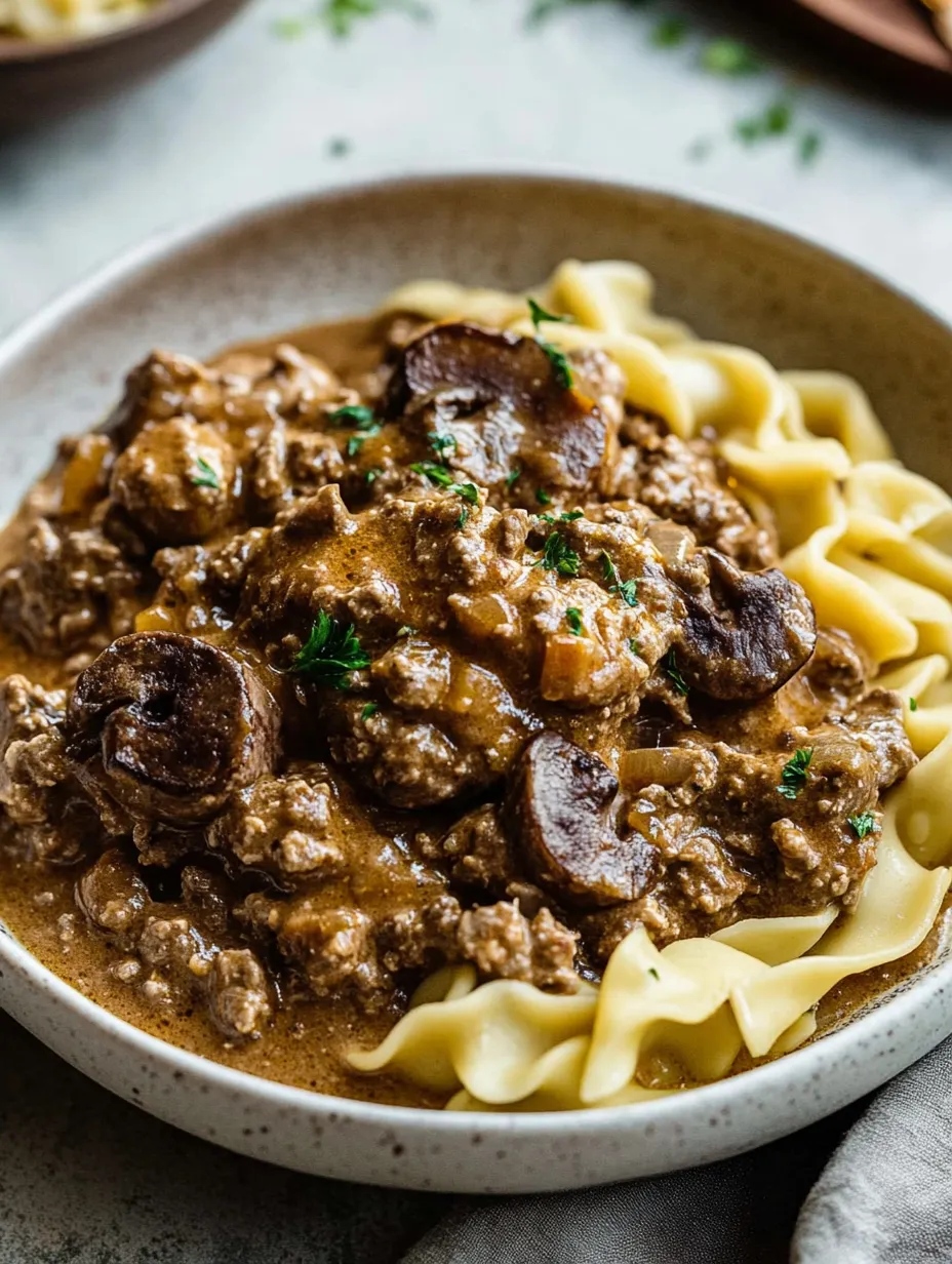 Un plato de receta de stroganoff de hamburguesa.
