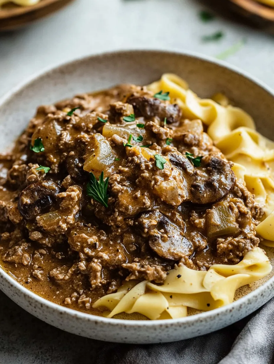 Un plato de stroganoff de hamburguesa.