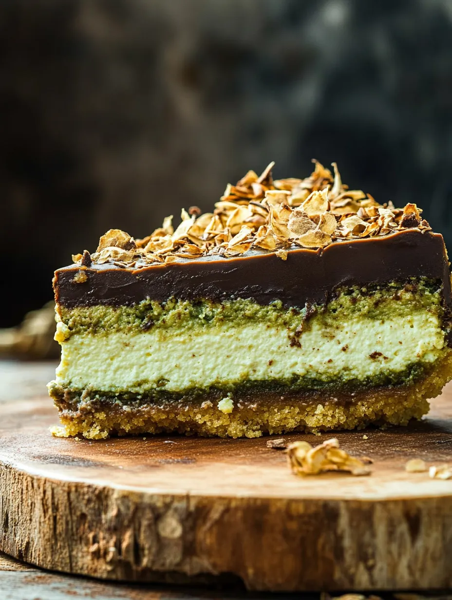 Una porción de tarta de queso con chocolate y cobertura desmenuzable.