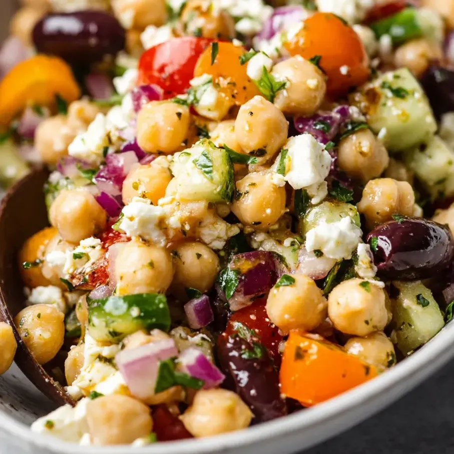 Un bol de ensalada griega de garbanzos.