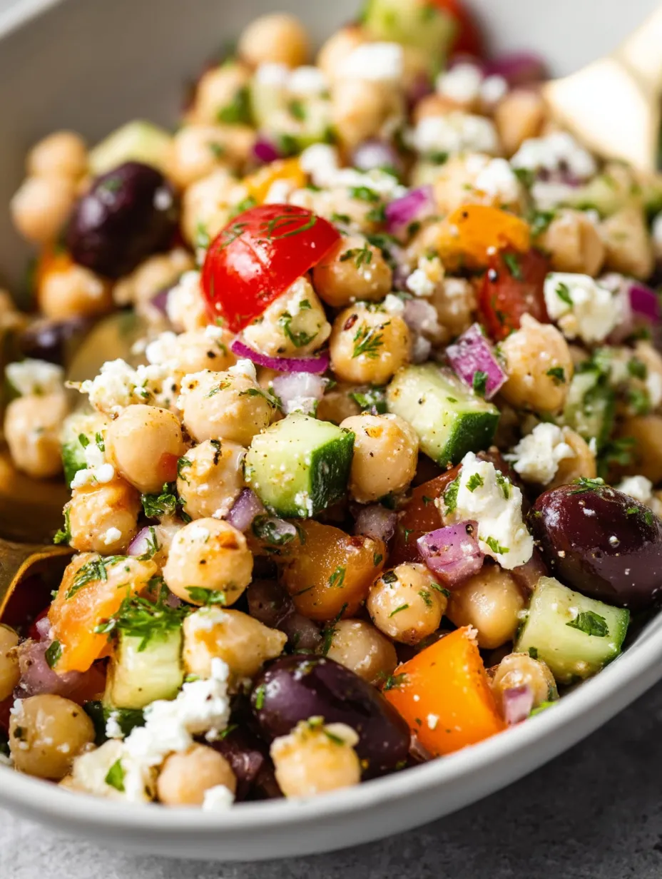 Un bol de ensalada griega de garbanzos.