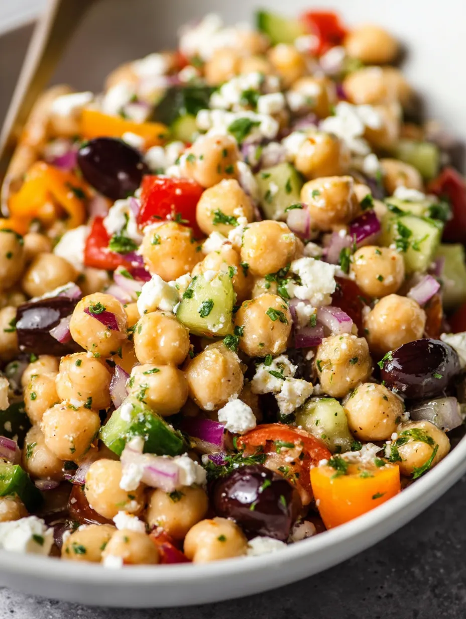 Un bol de ensalada griega de garbanzos.