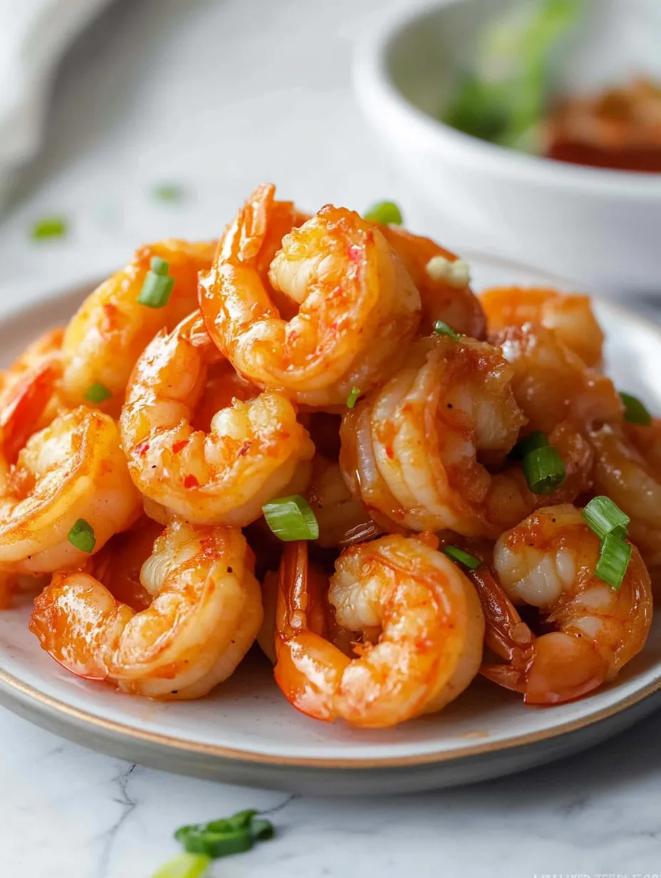 Un plato de camarones con salsa picante.
