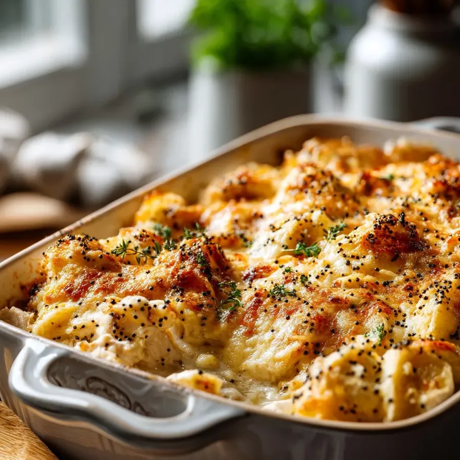 Un plato de gratinado con pollo y semillas de amapola.