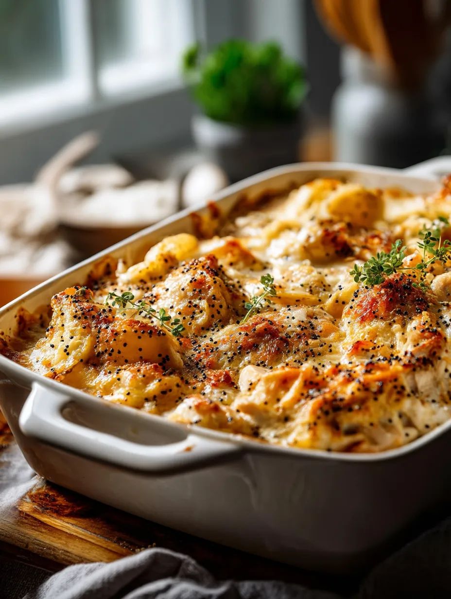A dish of poppy seed chicken casserole.