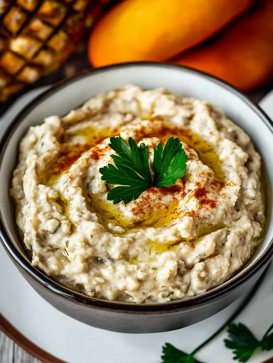 Un bol de dip Baba Ganoush con una hierba verde encima.