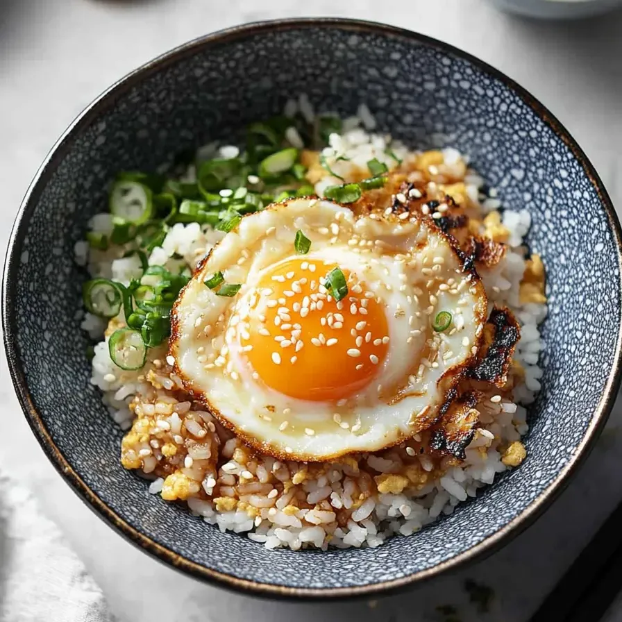 Un tazón de arroz con un huevo encima.