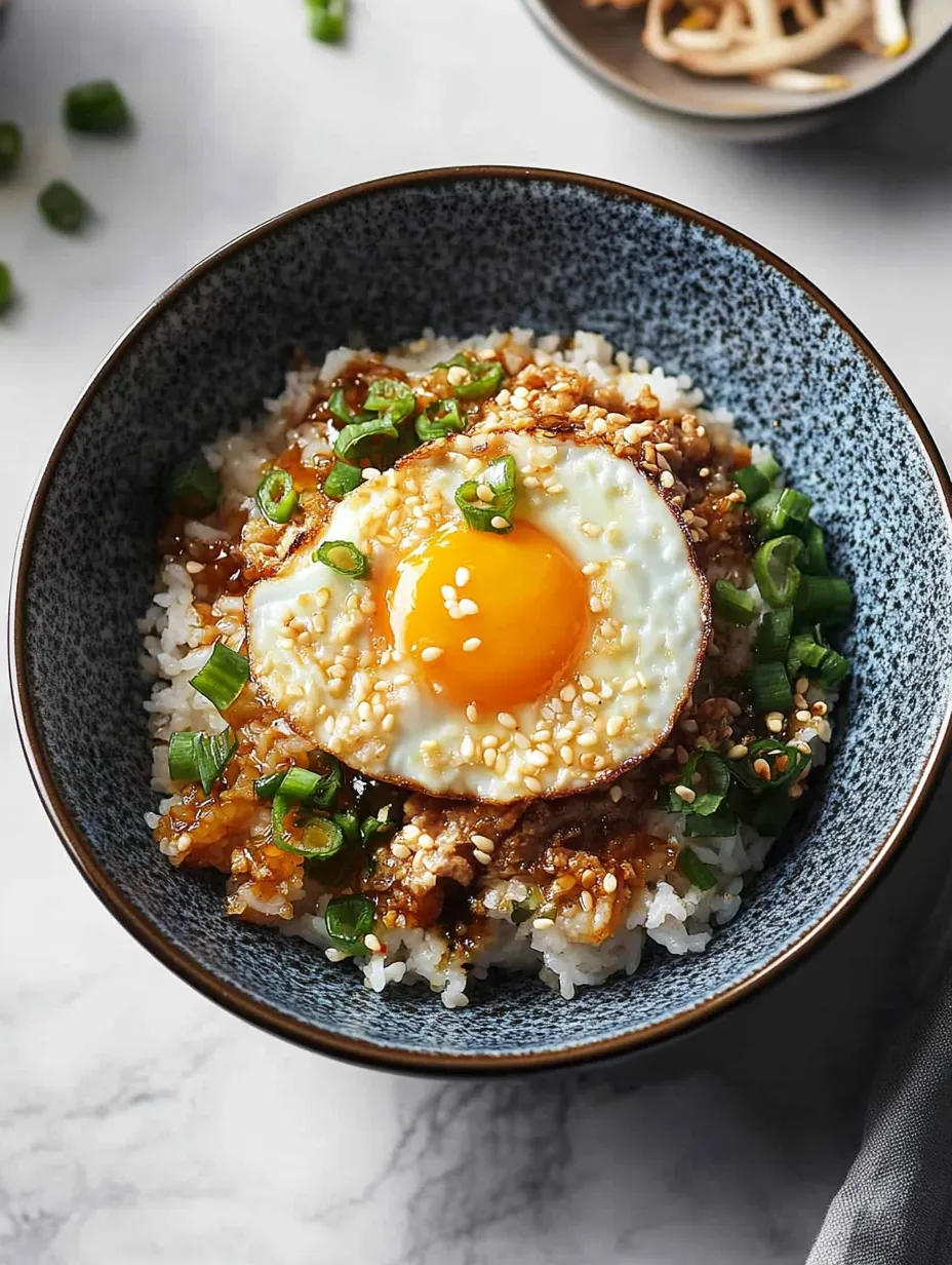 Un tazón de arroz con un huevo encima receta.