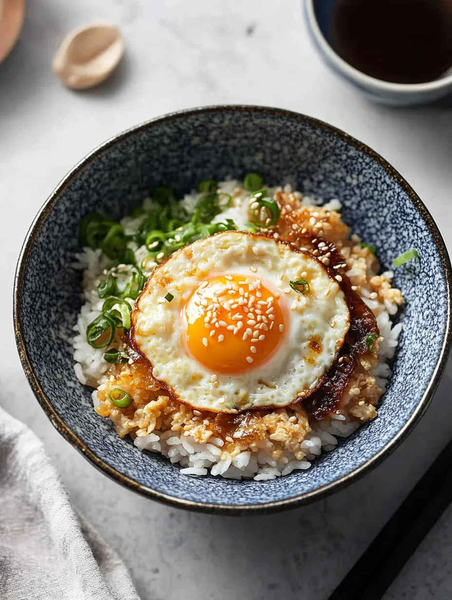 Un tazón de arroz con un huevo encima.