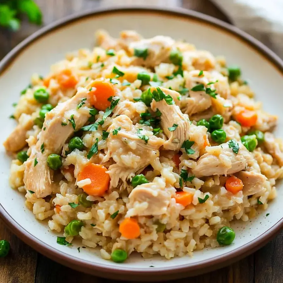 Un bol de arroz con pollo y guisantes.