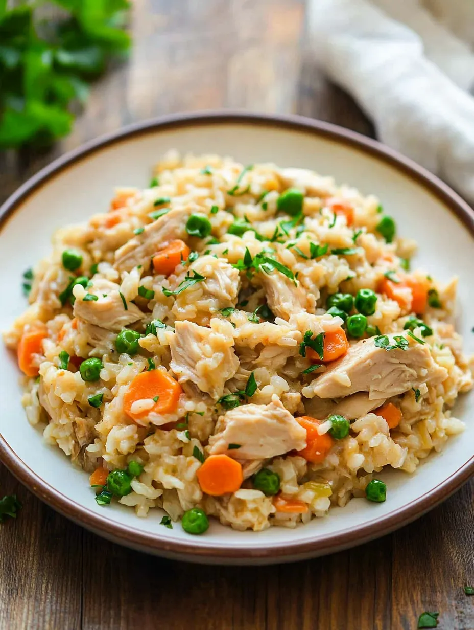 Un tazón de arroz con pollo y guisantes.