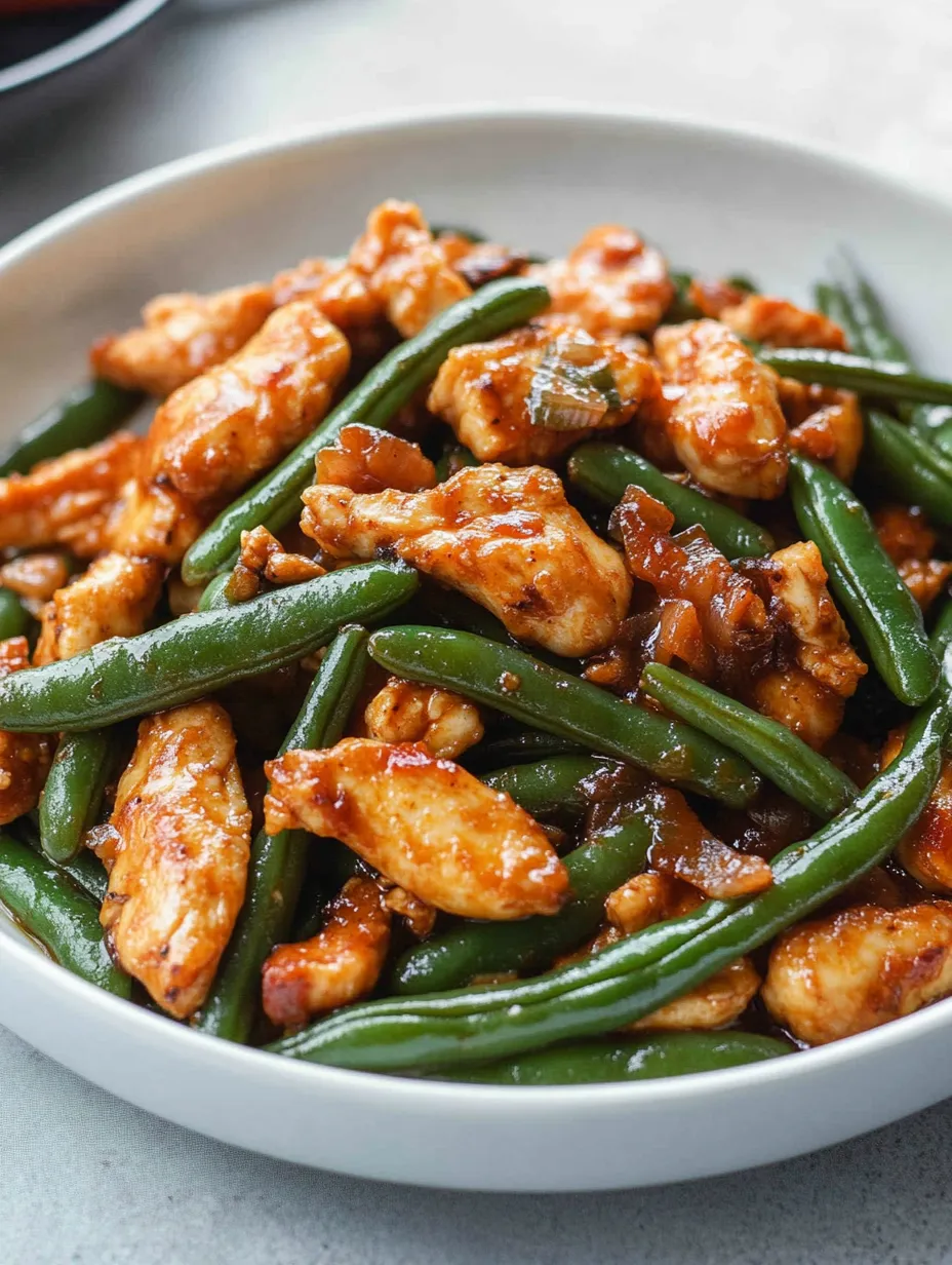 Un plato de pollo con judías verdes.