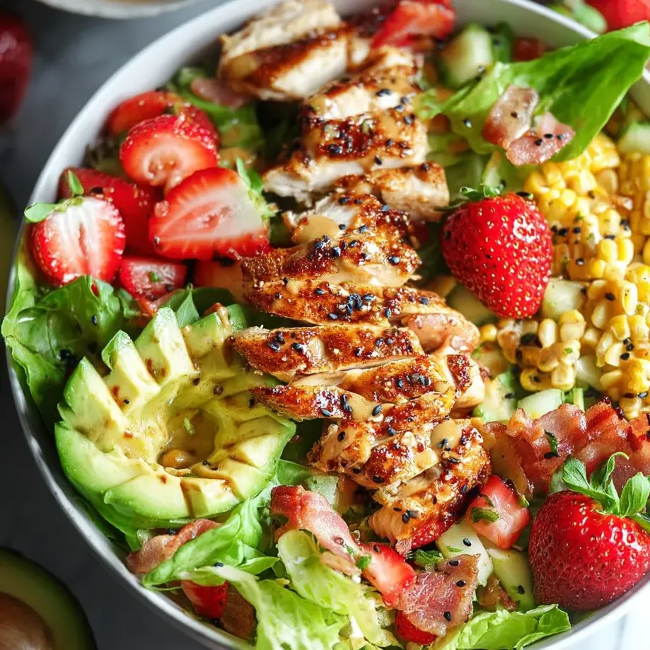 Un bol de ensalada de pollo con fresas, maíz y lechuga.