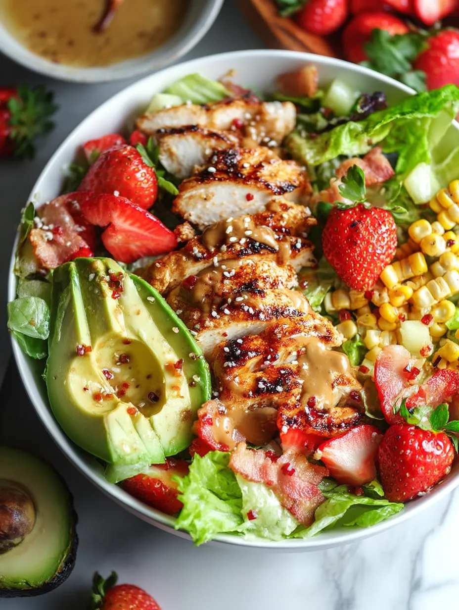 Un tazón de ensalada de pollo con fresas y aguacate.