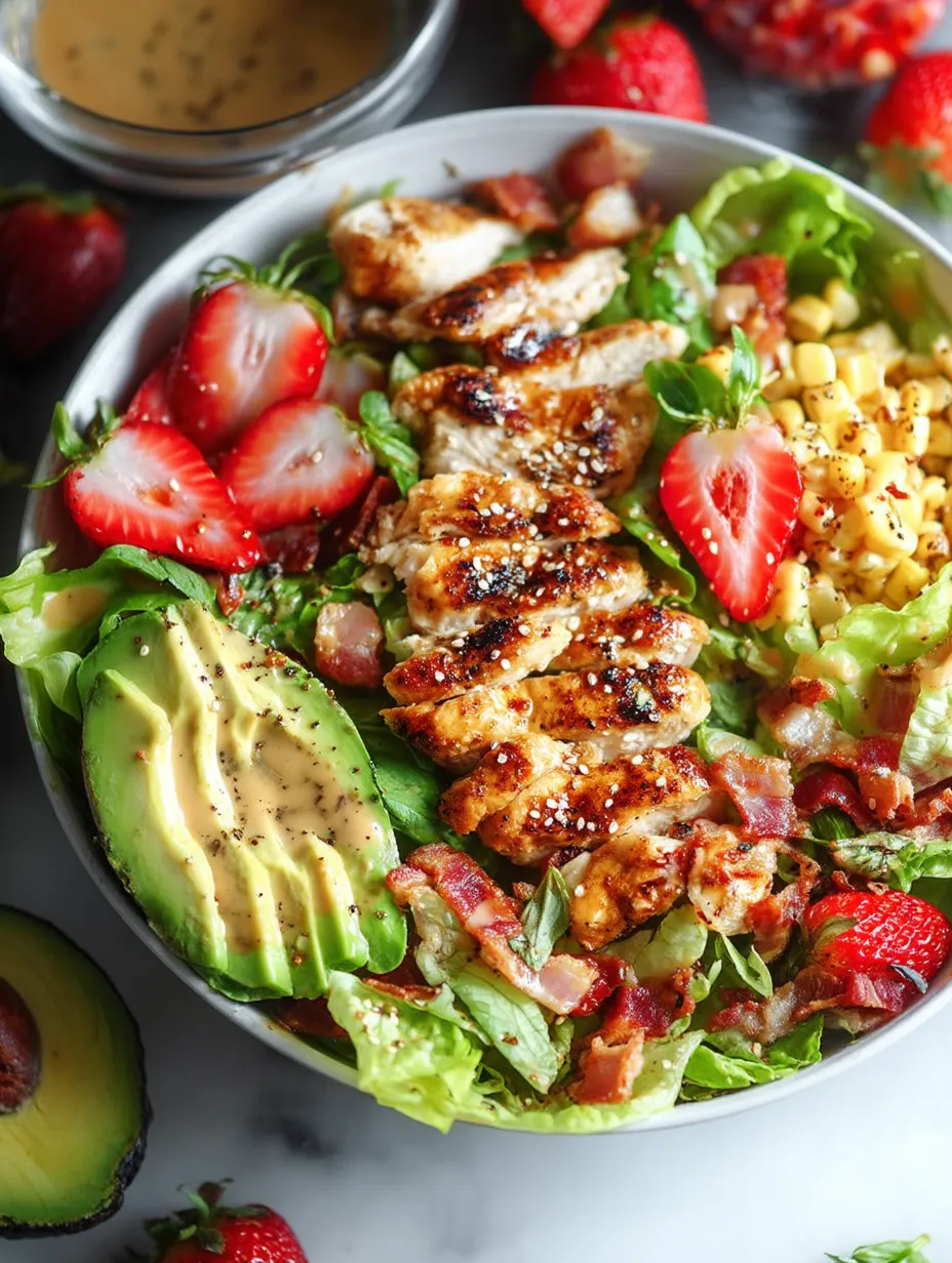 Un tazón de ensalada de pollo con lechuga, fresas y maíz.