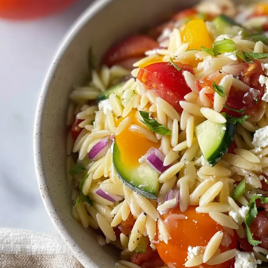 Un tazón de ensalada de pasta con tomates, pepinos y queso.