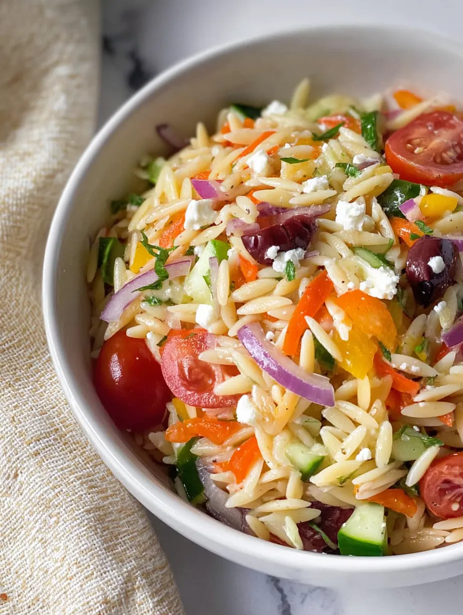 Un bol de receta de Ensalada de Orzo Arcoíris.