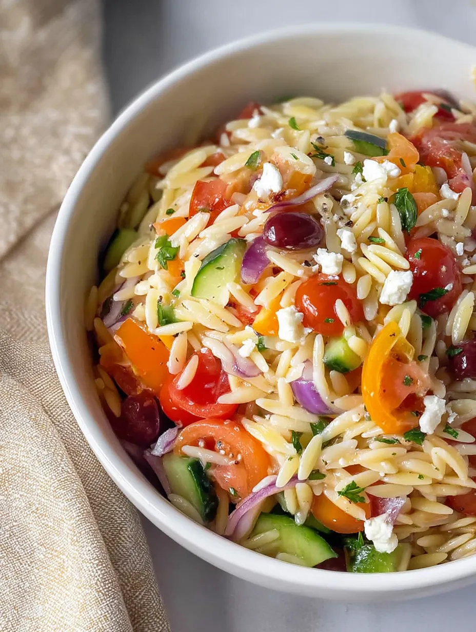 Un bol de Ensalada de Orzo Arcoíris.
