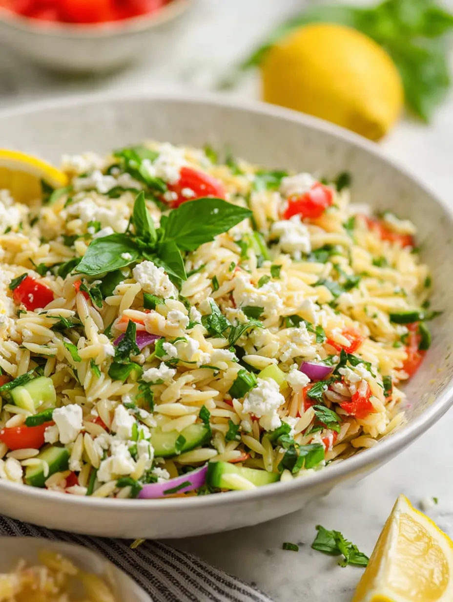 Un bol de ensalada de pasta con queso feta y limón.