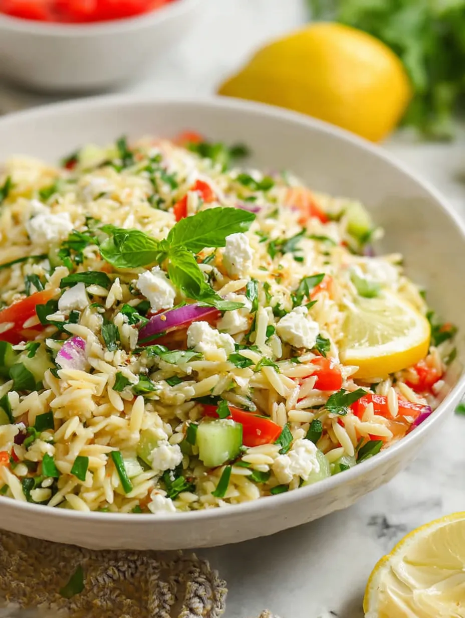 Un bol de ensalada de orzo con queso feta y limón.