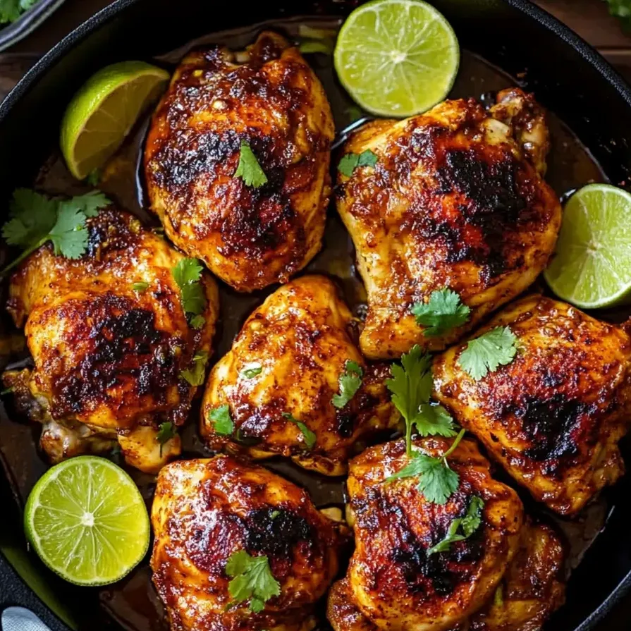 Una sartén de muslos de pollo con chile y lima.