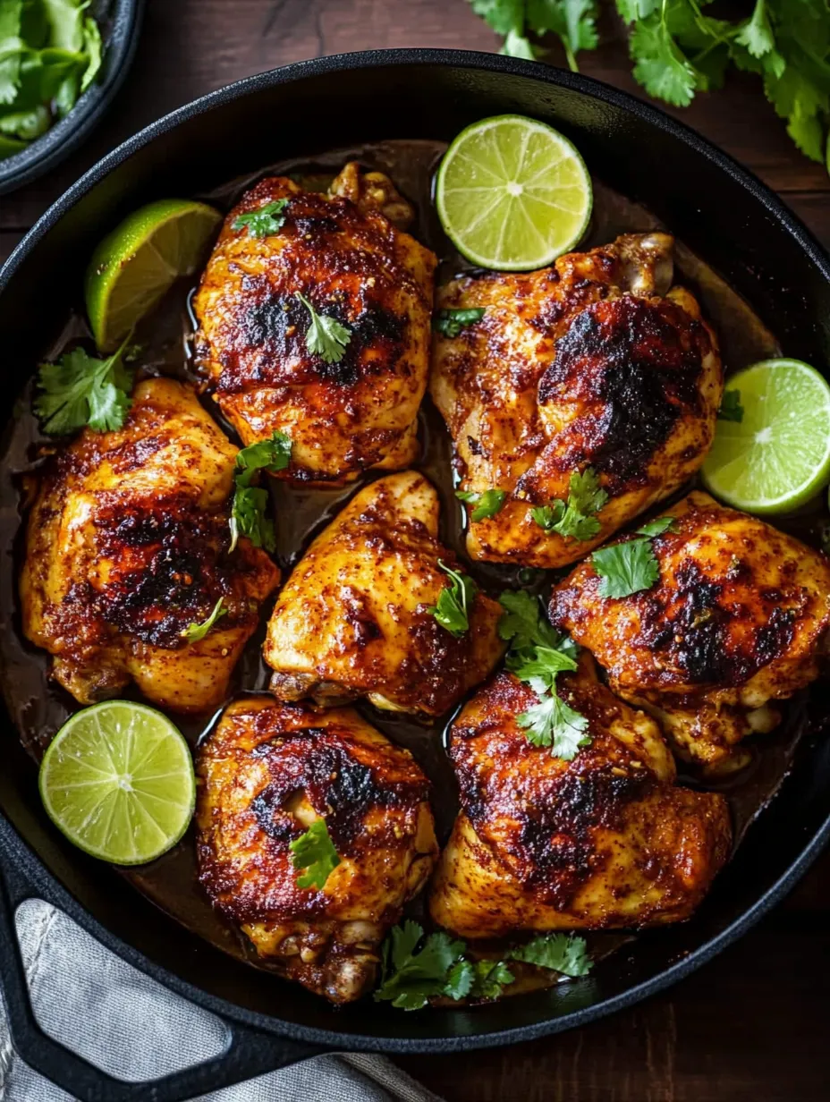 Una sartén con muslos de pollo al chile y lima.
