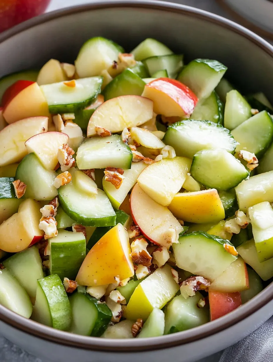 Un bol de ensalada crujiente de manzana y pepino.
