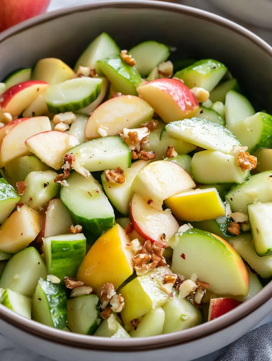 Un bol de ensalada crujiente de manzana y pepino.