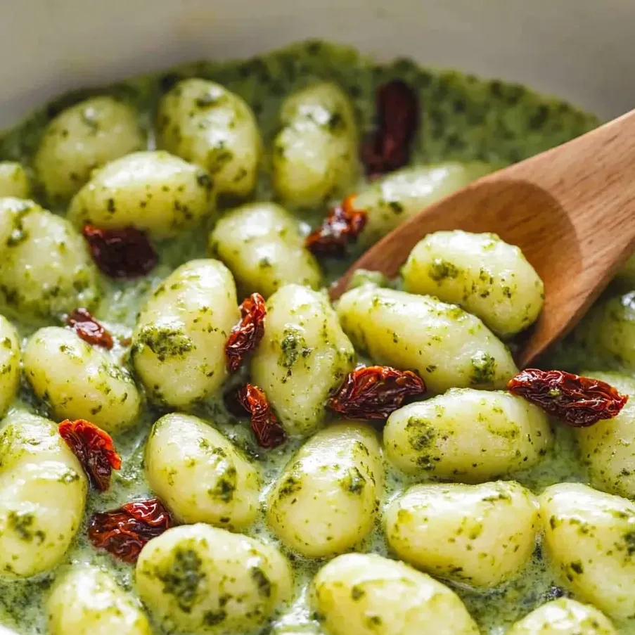 Un plato de gnocchi con pesto cremoso.