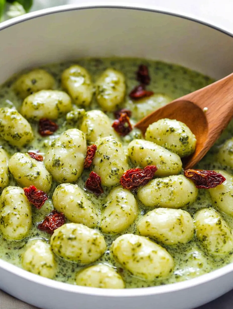 Un plato de ñoquis cremosos con pesto.